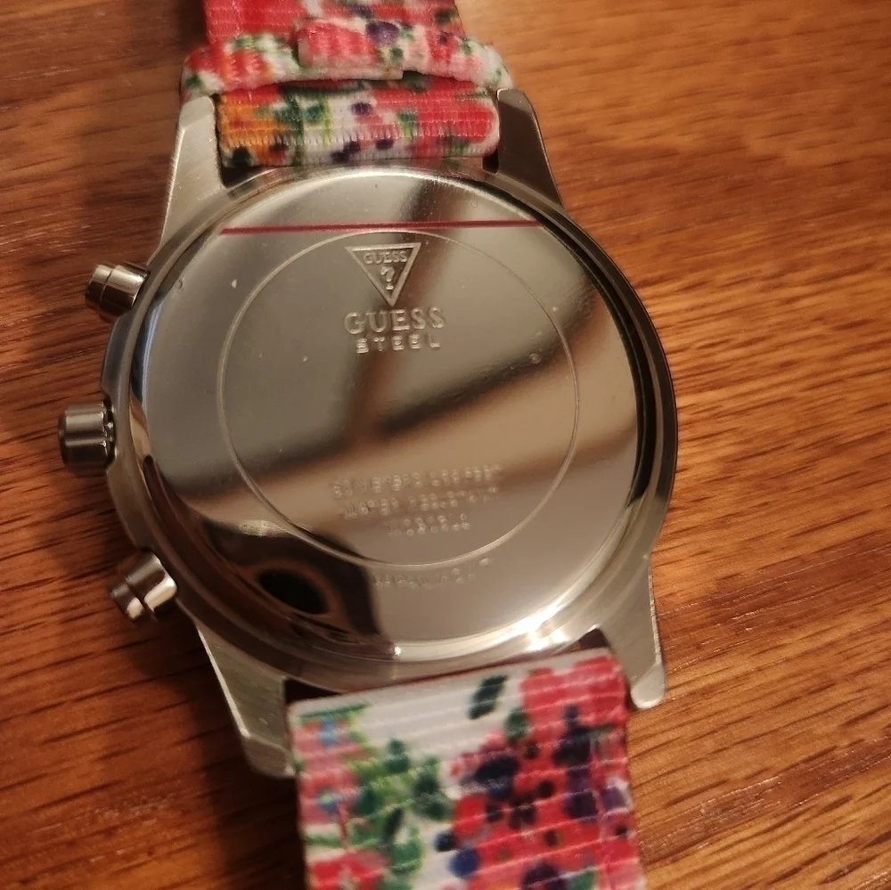 NWT Guess Pink Floral Silver Rhinestone Studded Watch